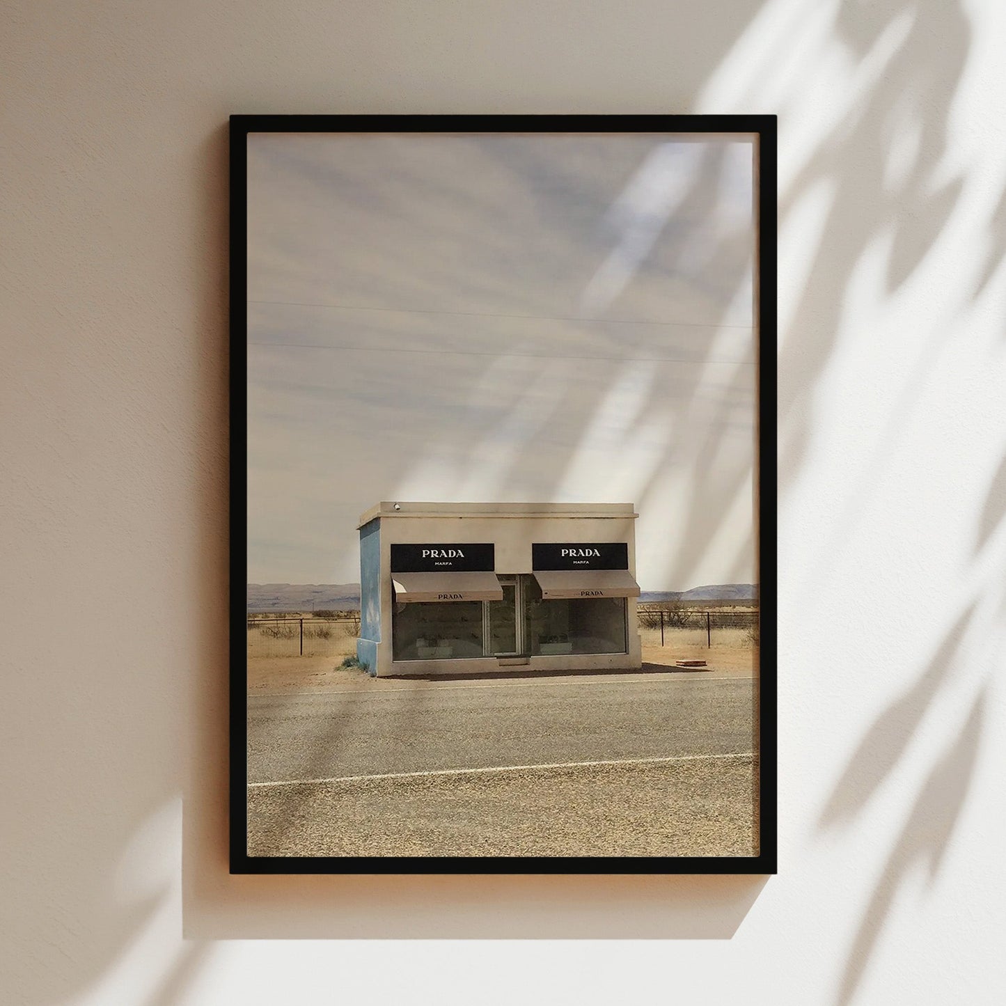 Prada Marfa Wall Art - Iconic Fashion Landmark Poster, Minimalist Black & White Print for Chic Bedrooms or Modern Living Spaces