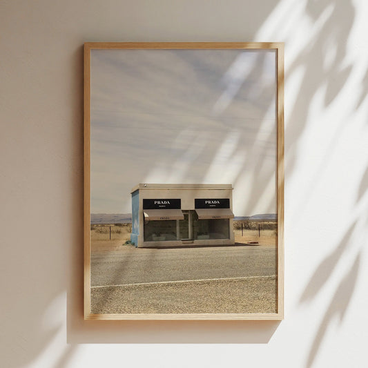 Prada Marfa Wall Art - Iconic Fashion Landmark Poster, Minimalist Black & White Print for Chic Bedrooms or Modern Living Spaces