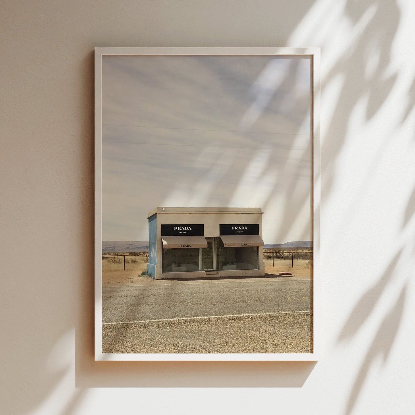 Prada Marfa Wall Art - Iconic Fashion Landmark Poster, Minimalist Black & White Print for Chic Bedrooms or Modern Living Spaces