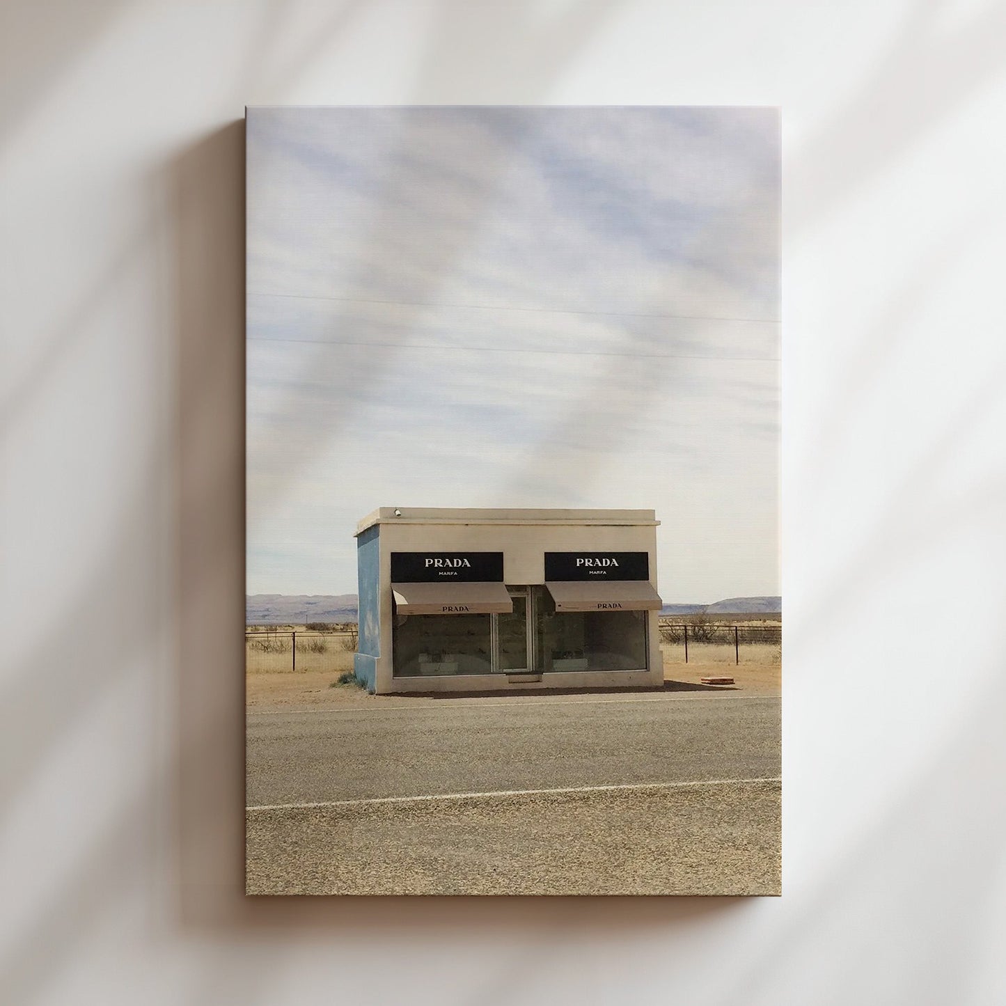 Prada Marfa Wall Art - Iconic Fashion Landmark Poster, Minimalist Black & White Print for Chic Bedrooms or Modern Living Spaces