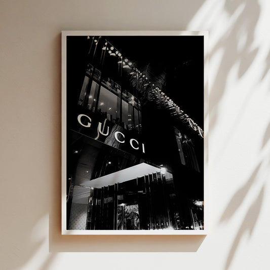 Gucci Storefront Poster  -œ Luxe Black & White Fashion Photography Print, Modern High-End Wall Art for Dressing Rooms or Glam Interiors
