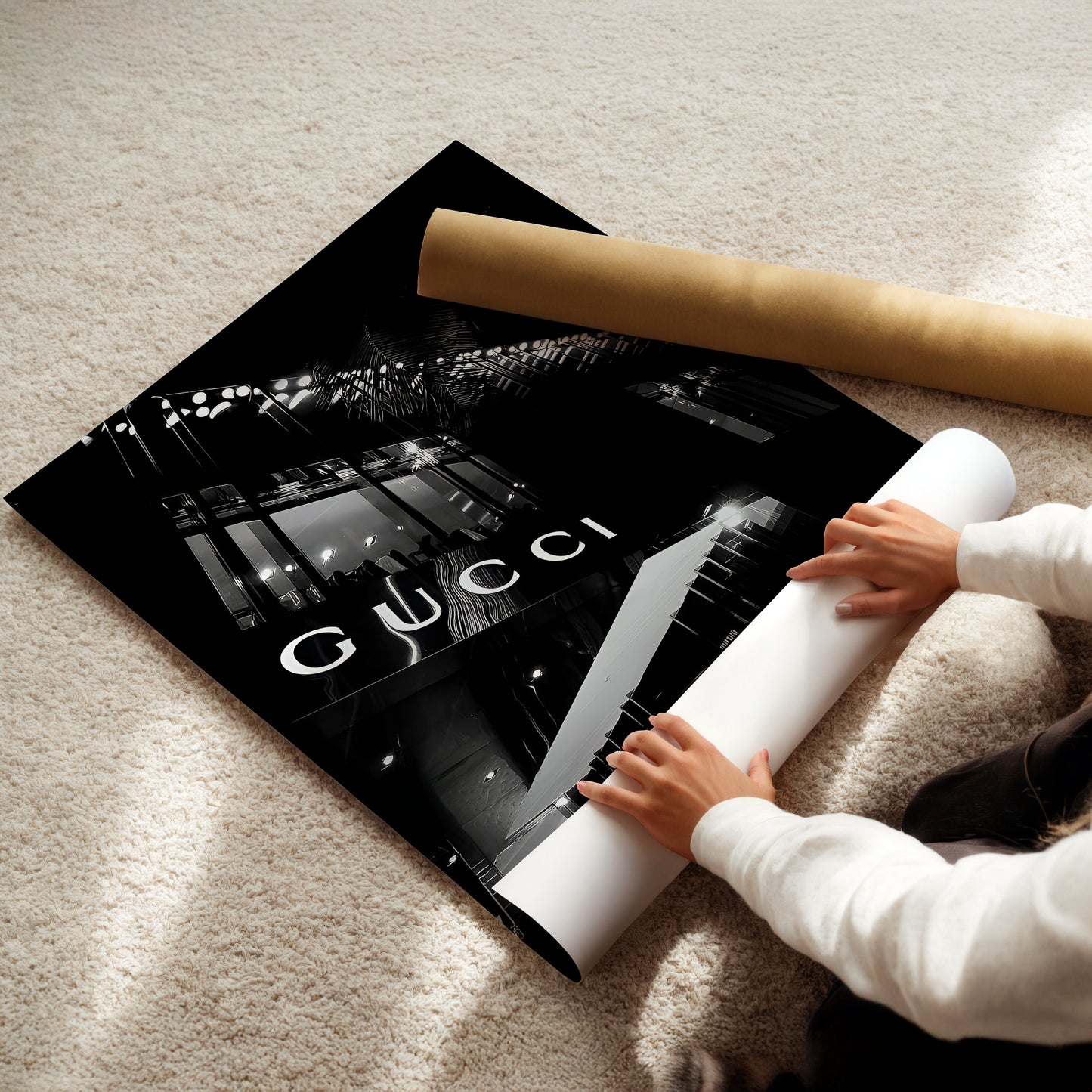 Gucci Storefront Poster  -œ Luxe Black & White Fashion Photography Print, Modern High-End Wall Art for Dressing Rooms or Glam Interiors