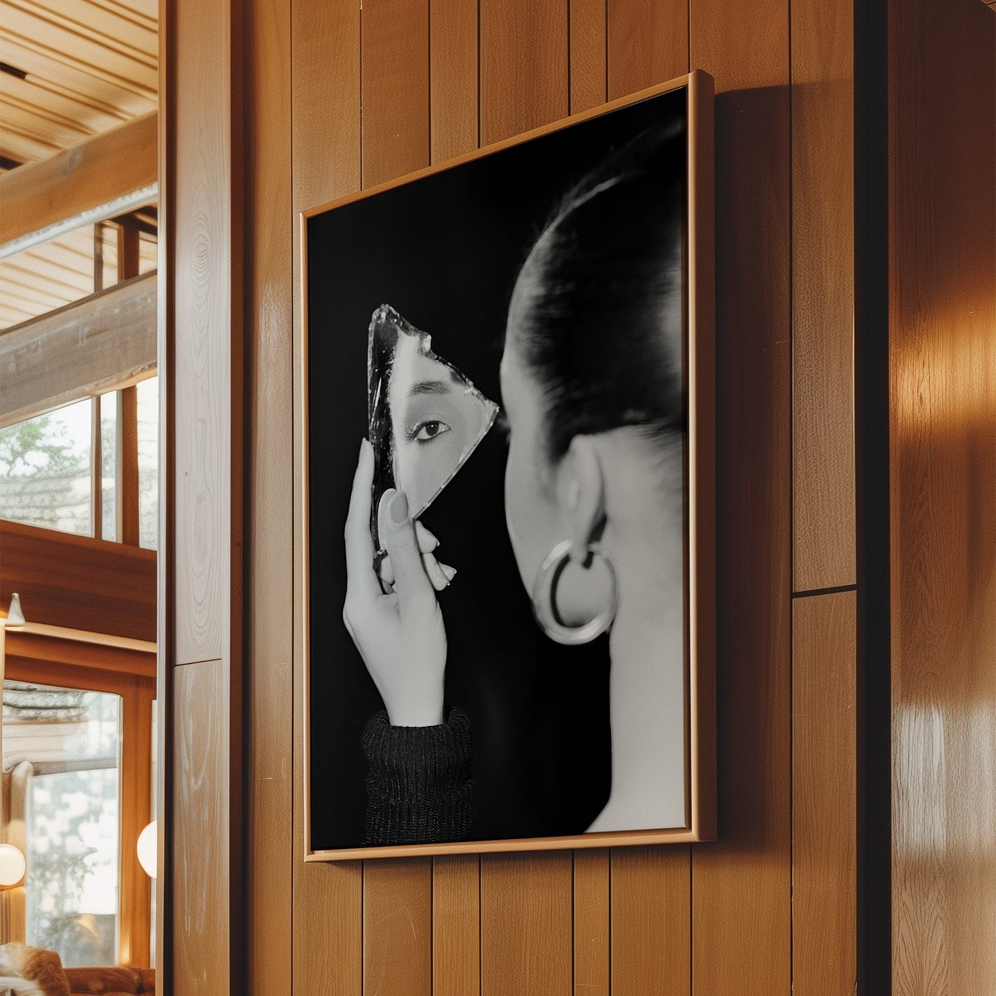 Sade Holding Jagged Mirror Wall Art - Elegant Black & White Portrait, Soulful Music Icon Print for Sophisticated Home Decor