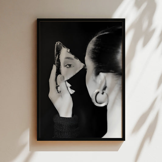 Sade Holding Jagged Mirror Wall Art - Elegant Black & White Portrait, Soulful Music Icon Print for Sophisticated Home Decor