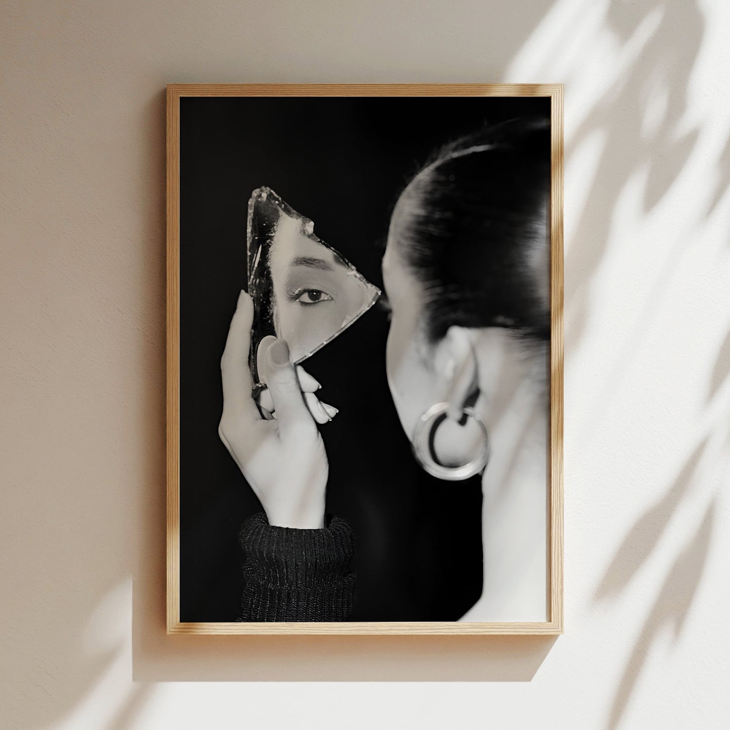 Sade Holding Jagged Mirror Wall Art - Elegant Black & White Portrait, Soulful Music Icon Print for Sophisticated Home Decor