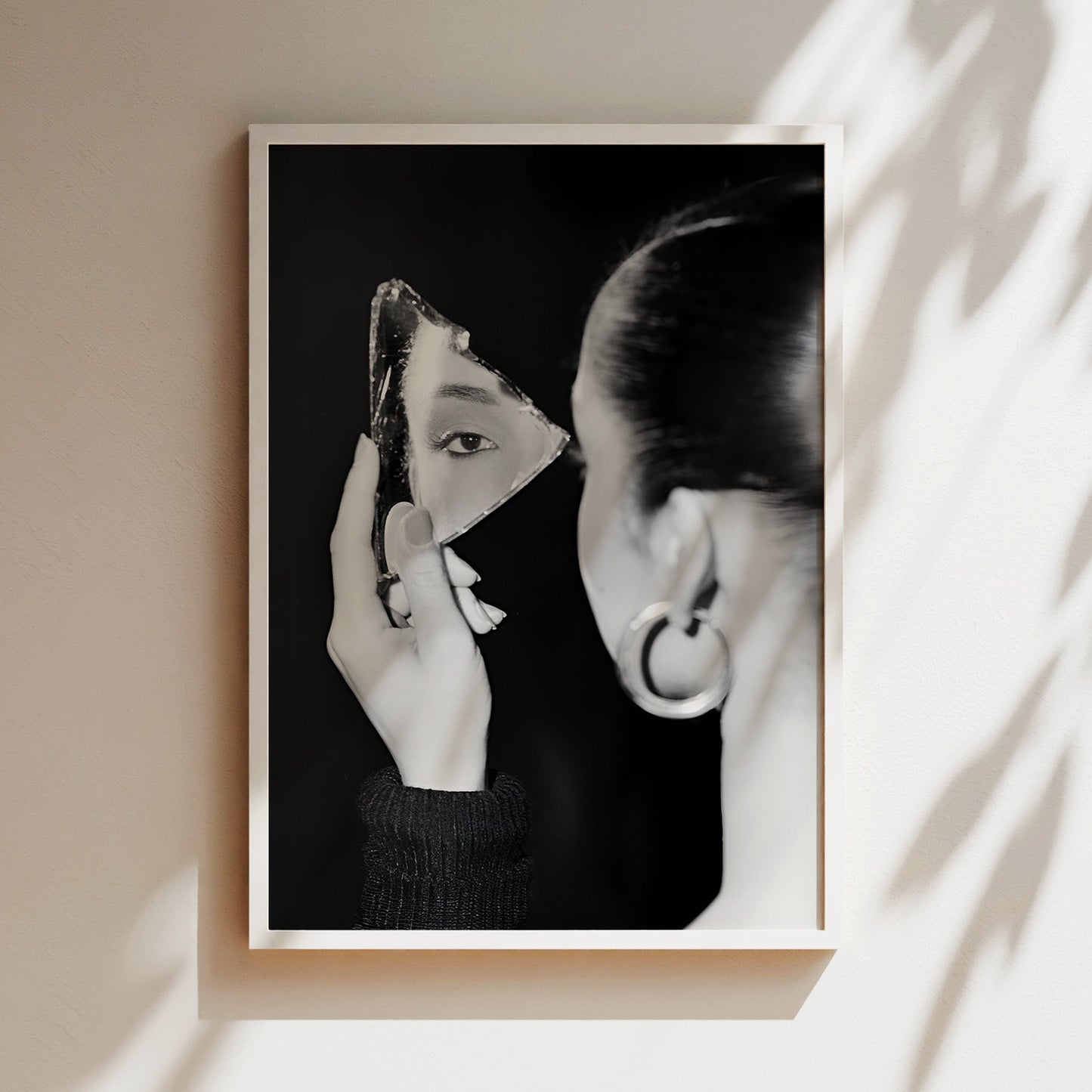 Sade Holding Jagged Mirror Wall Art - Elegant Black & White Portrait, Soulful Music Icon Print for Sophisticated Home Decor
