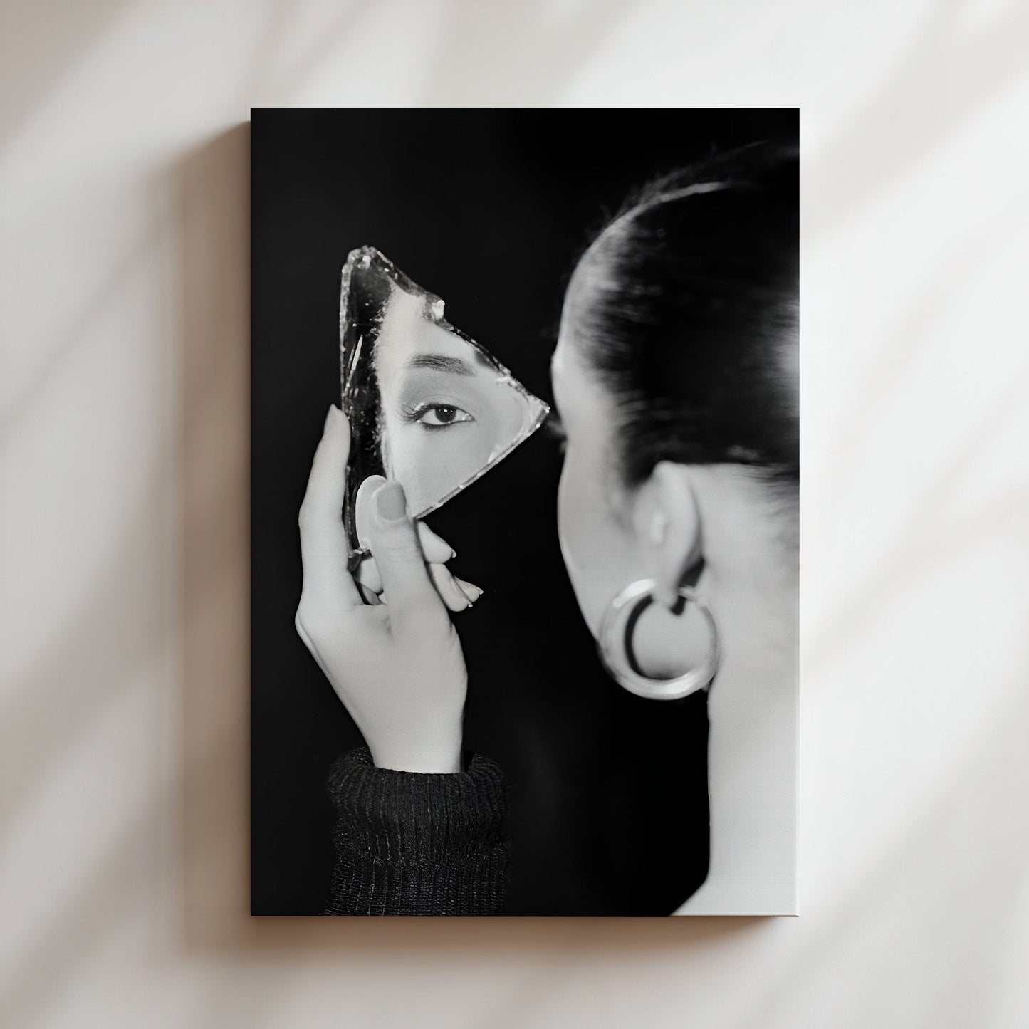 Sade Holding Jagged Mirror Wall Art - Elegant Black & White Portrait, Soulful Music Icon Print for Sophisticated Home Decor
