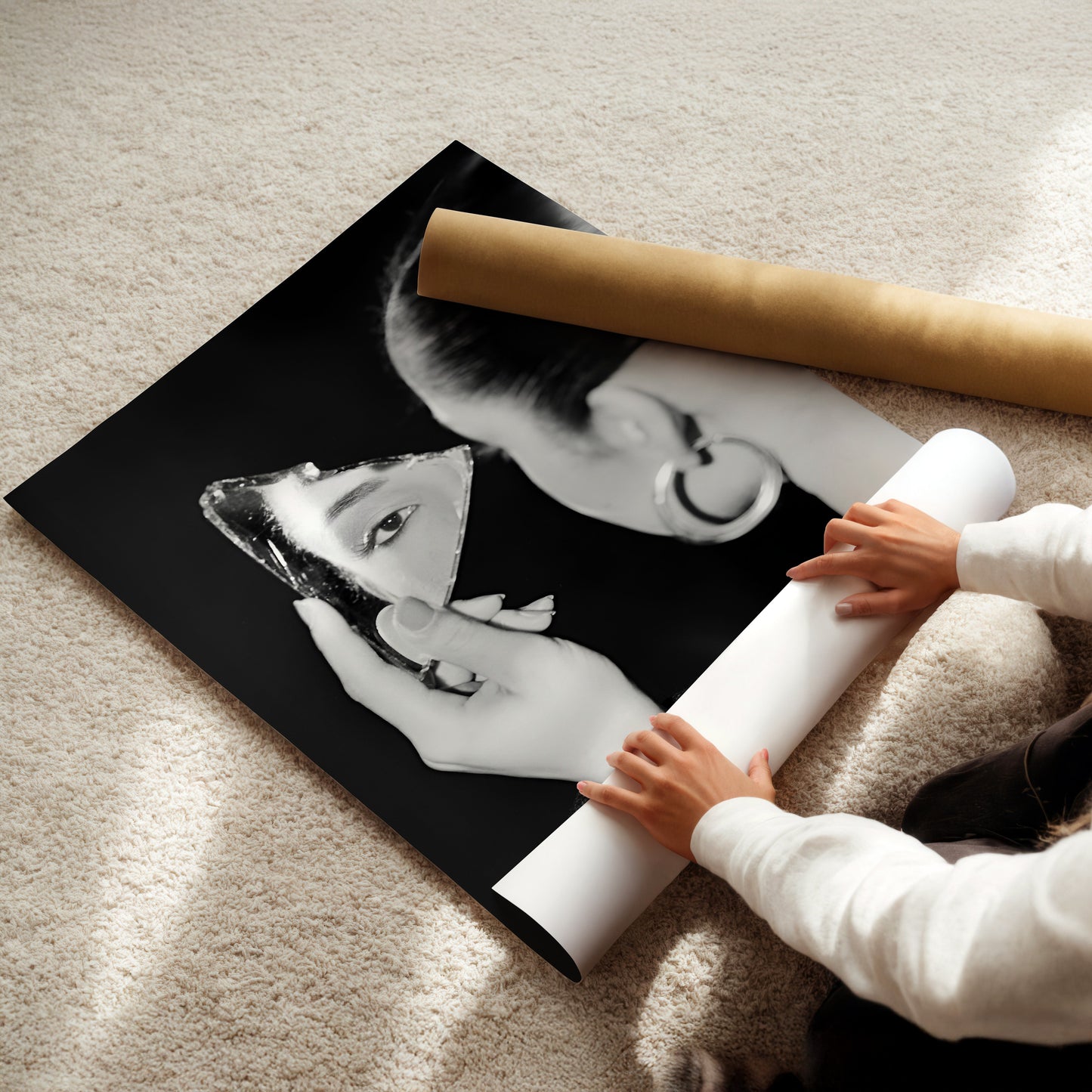 Sade Holding Jagged Mirror Wall Art - Elegant Black & White Portrait, Soulful Music Icon Print for Sophisticated Home Decor