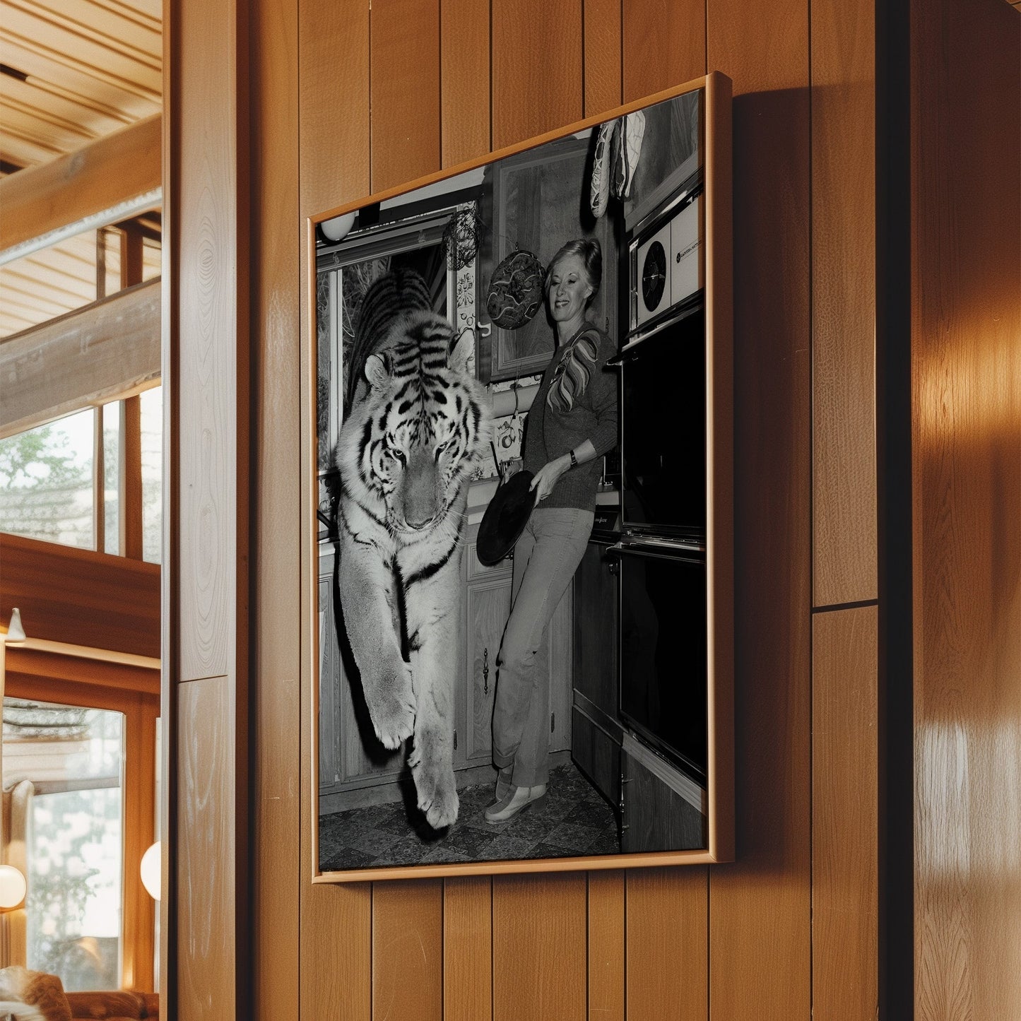 Tiger Who Came to Tea Wall Art - Surreal Black & White Animal Photo, Retro Kitchen Print for Bold Interiors, Lounges or Conversation Walls