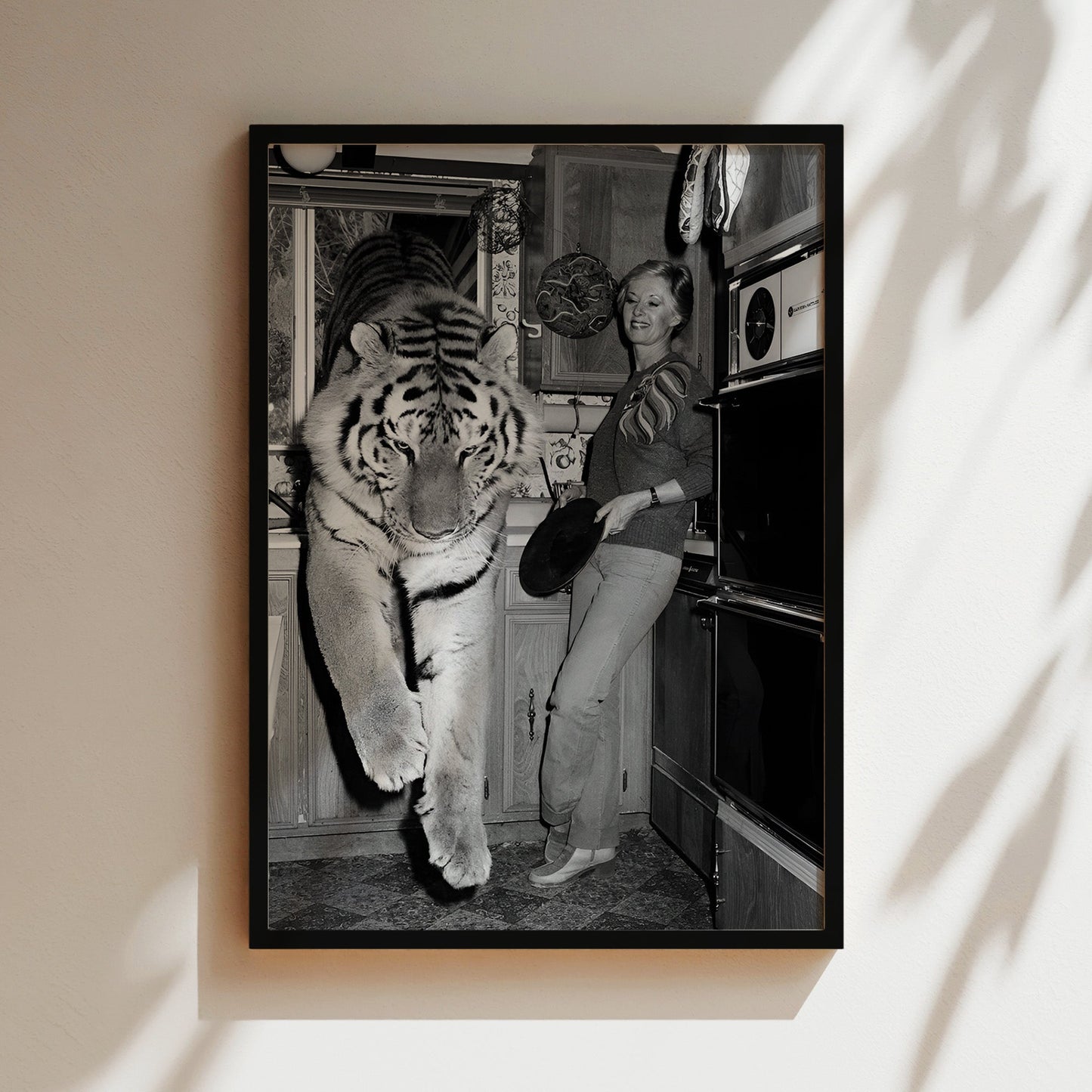 Tiger Who Came to Tea Wall Art - Surreal Black & White Animal Photo, Retro Kitchen Print for Bold Interiors, Lounges or Conversation Walls