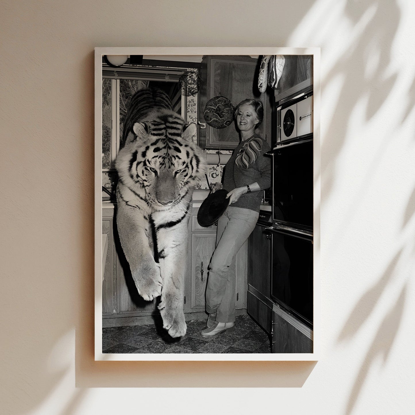 Tiger Who Came to Tea Wall Art - Surreal Black & White Animal Photo, Retro Kitchen Print for Bold Interiors, Lounges or Conversation Walls