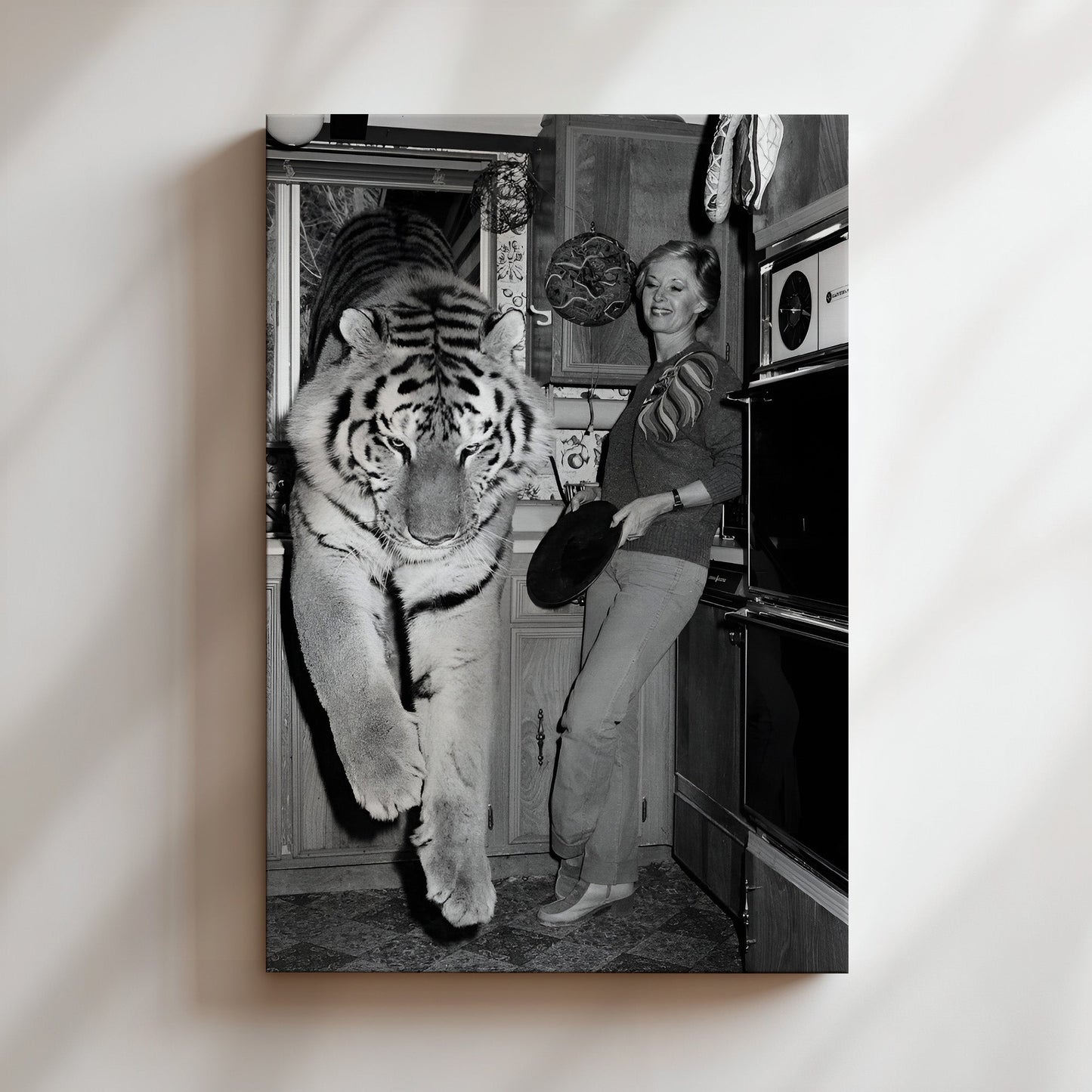 Tiger Who Came to Tea Wall Art - Surreal Black & White Animal Photo, Retro Kitchen Print for Bold Interiors, Lounges or Conversation Walls