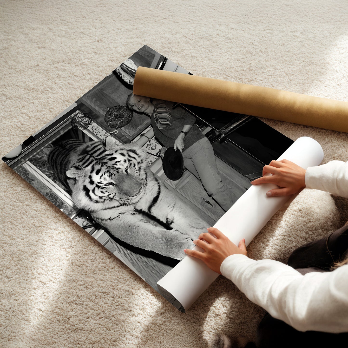 Tiger Who Came to Tea Wall Art - Surreal Black & White Animal Photo, Retro Kitchen Print for Bold Interiors, Lounges or Conversation Walls