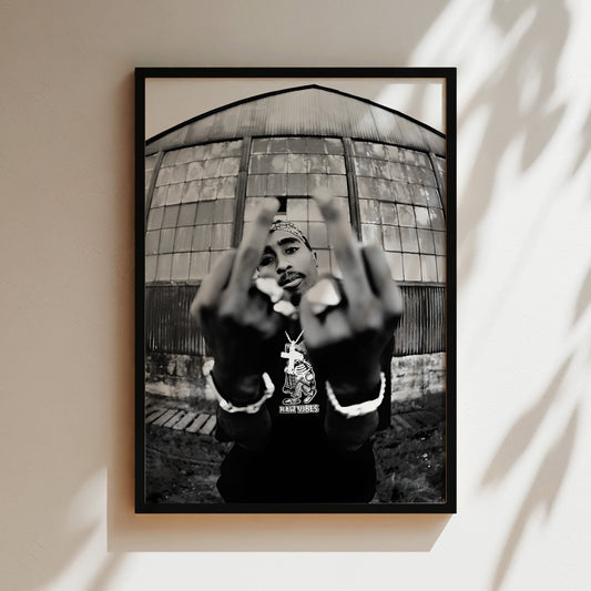 Tupac Middle Fingers Poster - Bold Black & White Rap Icon Wall Art, Defiant Hip-Hop Portrait Print for Music Rooms or Urban Street Decor