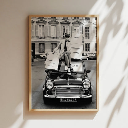 Chanel Car Fashion Wall Art - Luxury Brand Poster, Retro Automobile Print, Designer Decor, High Fashion Canvas, Chic Typography Sign