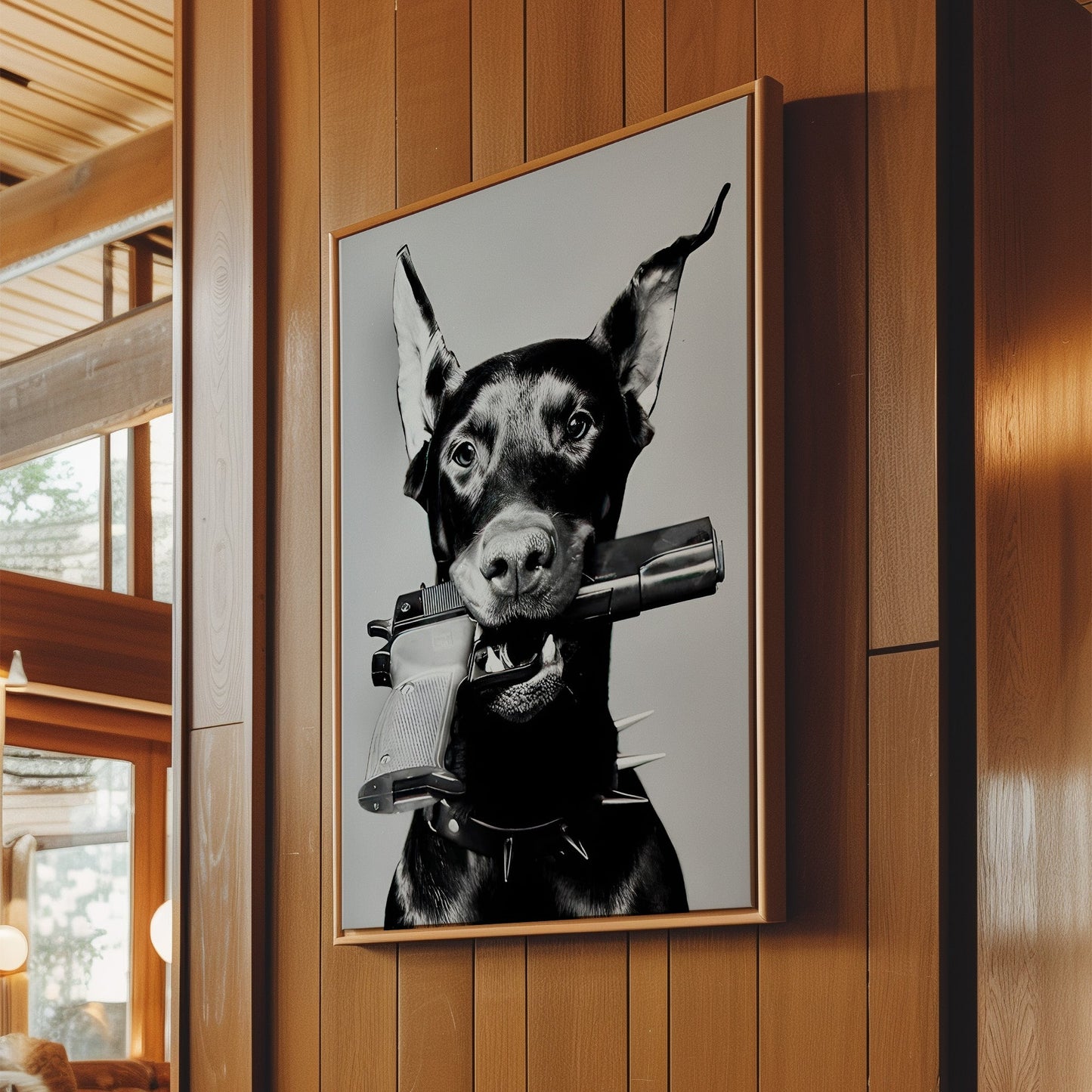 Doberman with Gun Wall Art - Bold Canine Poster, Edgy Dog Print, Modern Decor, Statement Canvas, Unique Pet Lover Gift, Urban Art Sign