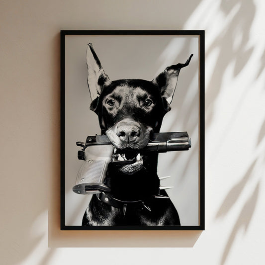 Doberman with Gun Wall Art - Bold Canine Poster, Edgy Dog Print, Modern Decor, Statement Canvas, Unique Pet Lover Gift, Urban Art Sign