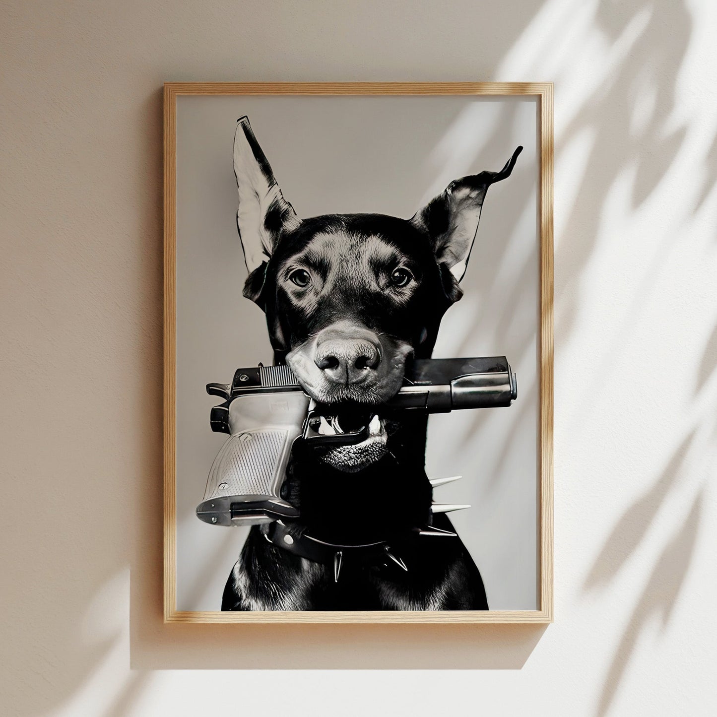 Doberman with Gun Wall Art - Bold Canine Poster, Edgy Dog Print, Modern Decor, Statement Canvas, Unique Pet Lover Gift, Urban Art Sign