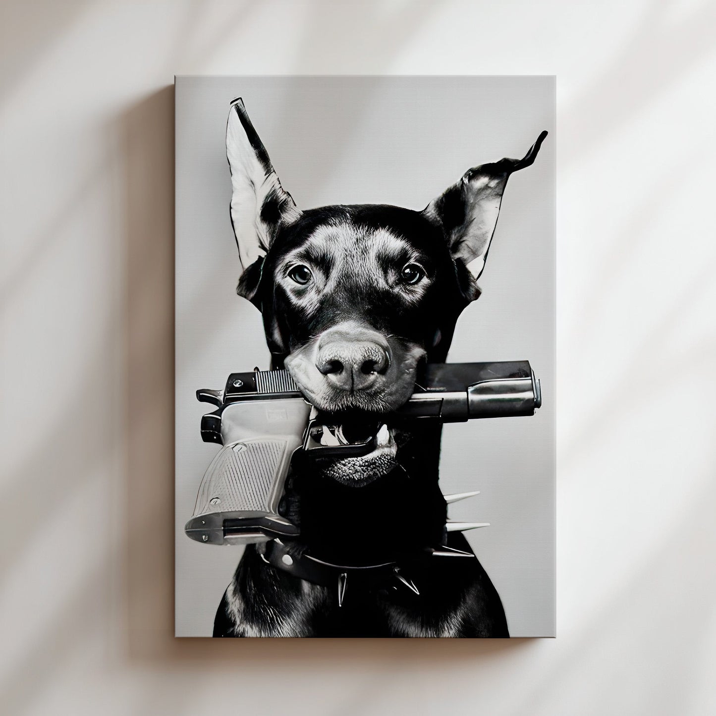 Doberman with Gun Wall Art - Bold Canine Poster, Edgy Dog Print, Modern Decor, Statement Canvas, Unique Pet Lover Gift, Urban Art Sign