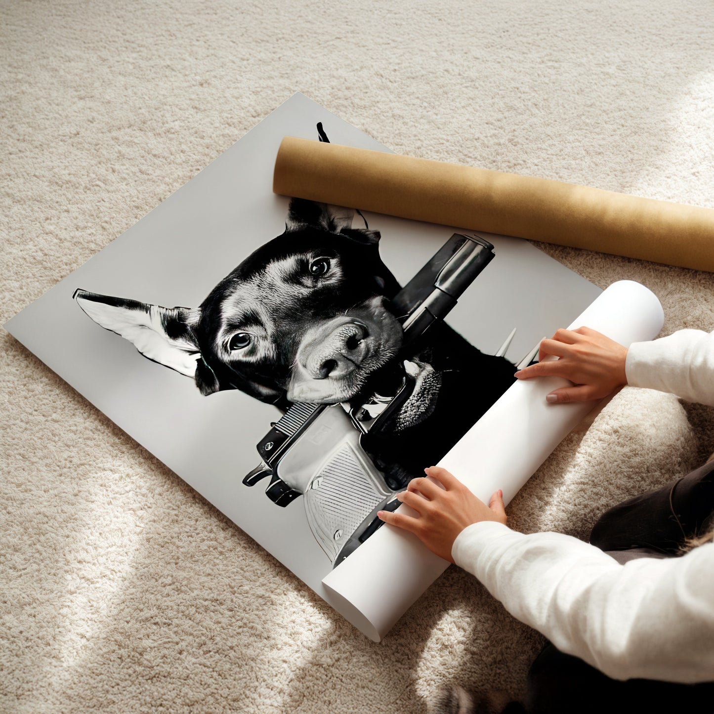 Doberman with Gun Wall Art - Bold Canine Poster, Edgy Dog Print, Modern Decor, Statement Canvas, Unique Pet Lover Gift, Urban Art Sign