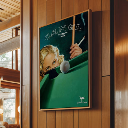 Camel Pool Shark Wall Art - Vintage Tobacco Poster, Retro Billiards Decor, 70s Advertising Print, Man Cave Canvas, Classic Bar Sign