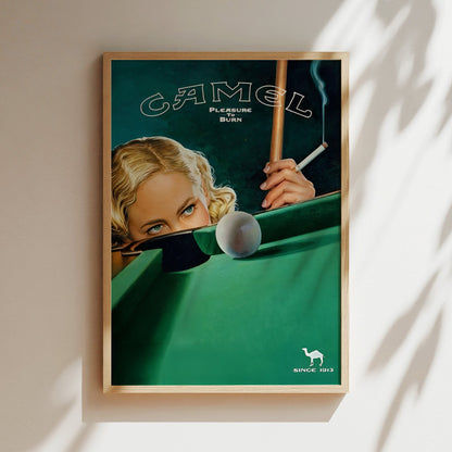 Camel Pool Shark Wall Art - Vintage Tobacco Poster, Retro Billiards Decor, 70s Advertising Print, Man Cave Canvas, Classic Bar Sign
