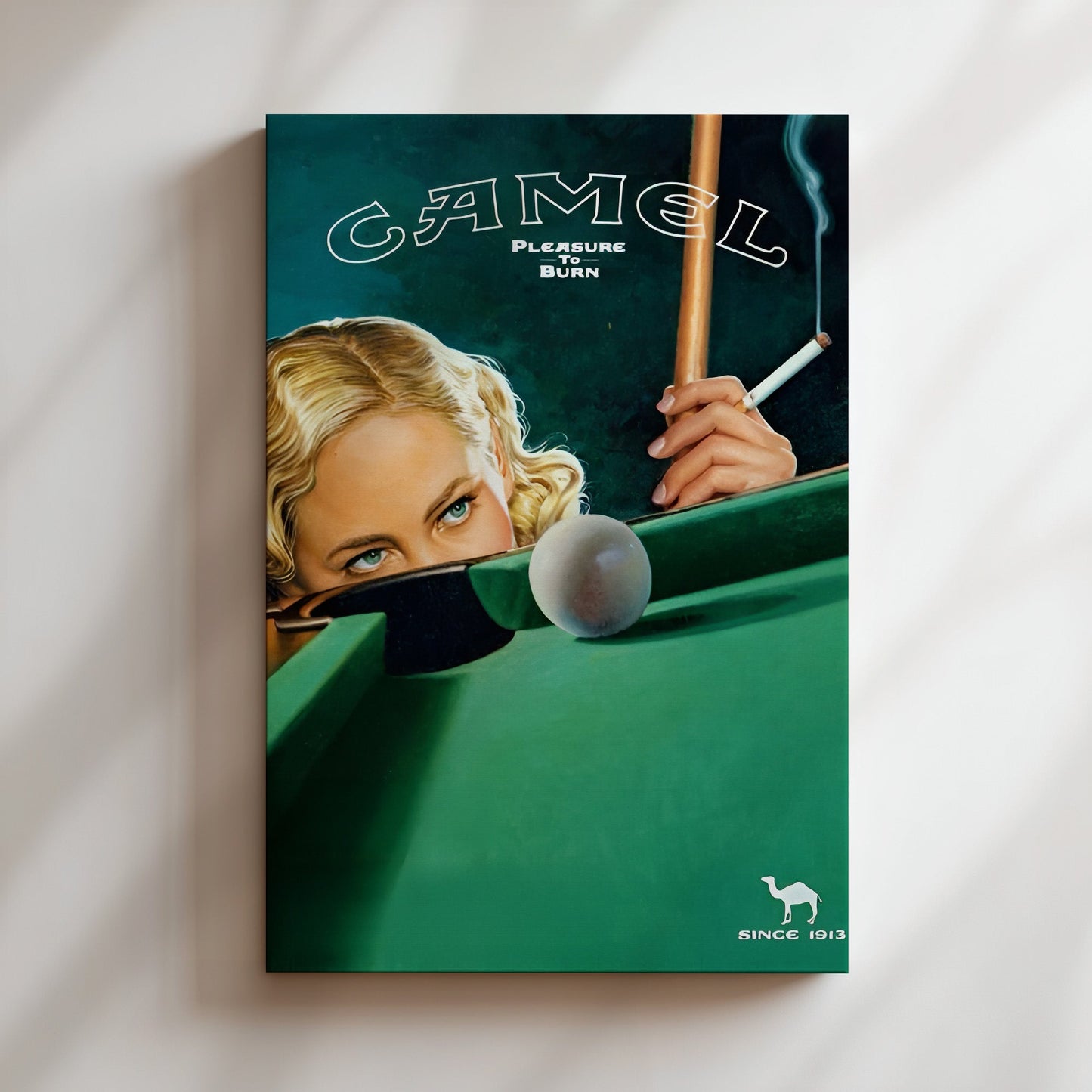 Camel Pool Shark Wall Art - Vintage Tobacco Poster, Retro Billiards Decor, 70s Advertising Print, Man Cave Canvas, Classic Bar Sign