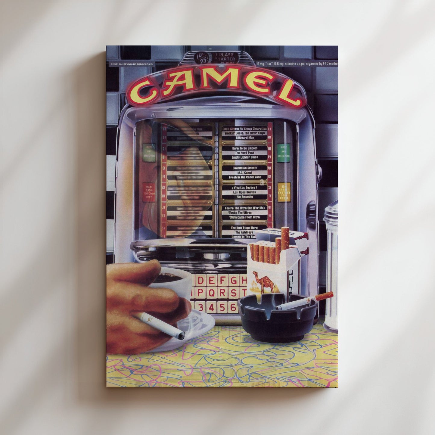 Camel Tobacco Jukebox Ad Wall Art - Vintage Music Poster, Retro Smoking Advertisement, 70's Bar Decor, Classic Americana Canvas
