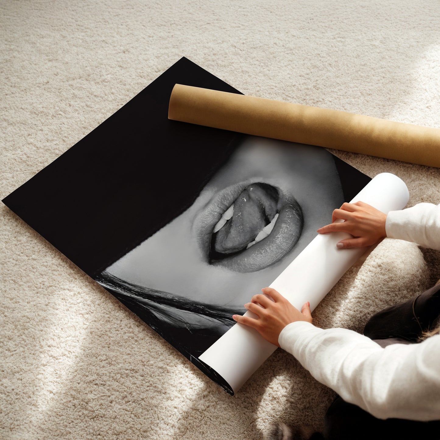 Rolled unframed poster on beige carpet showing a glossy black and white image of lips and tongue with fashion-inspired style.